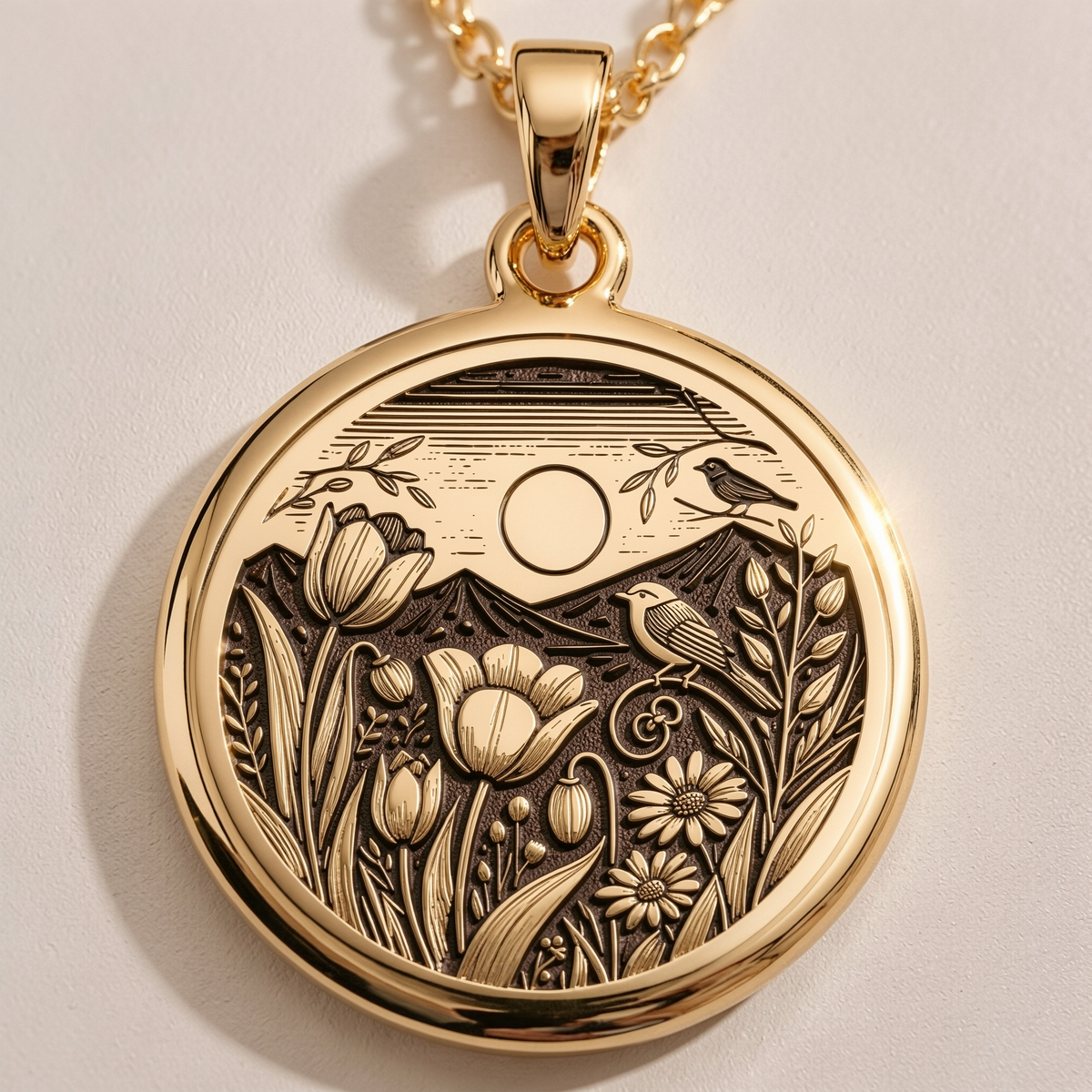Botanical Nature Scene Medallion Pendant Pendants 14K 14K Gold Plated round pendant with detailed floral and bird illustration necklace
