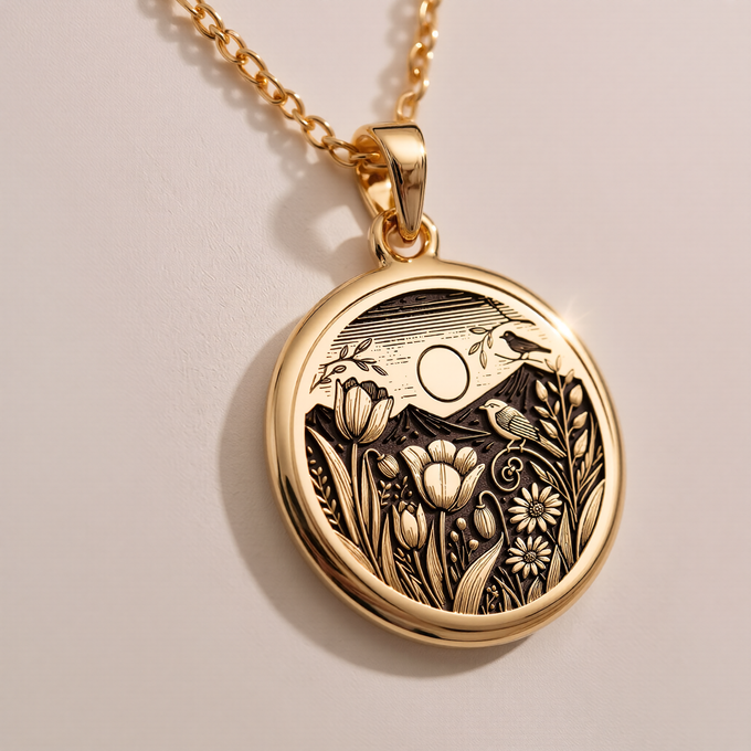Botanical Nature Scene Medallion Pendant Pendants 14K 14K Gold Plated pendant necklace featuring a detailed floral wreath and bird design.