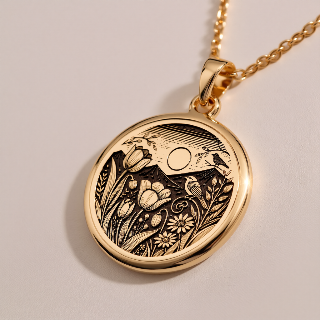 Botanical Nature Scene Medallion Pendant Pendants 14K 14K Gold Plated pendant necklace featuring a detailed floral wreath and bird design.