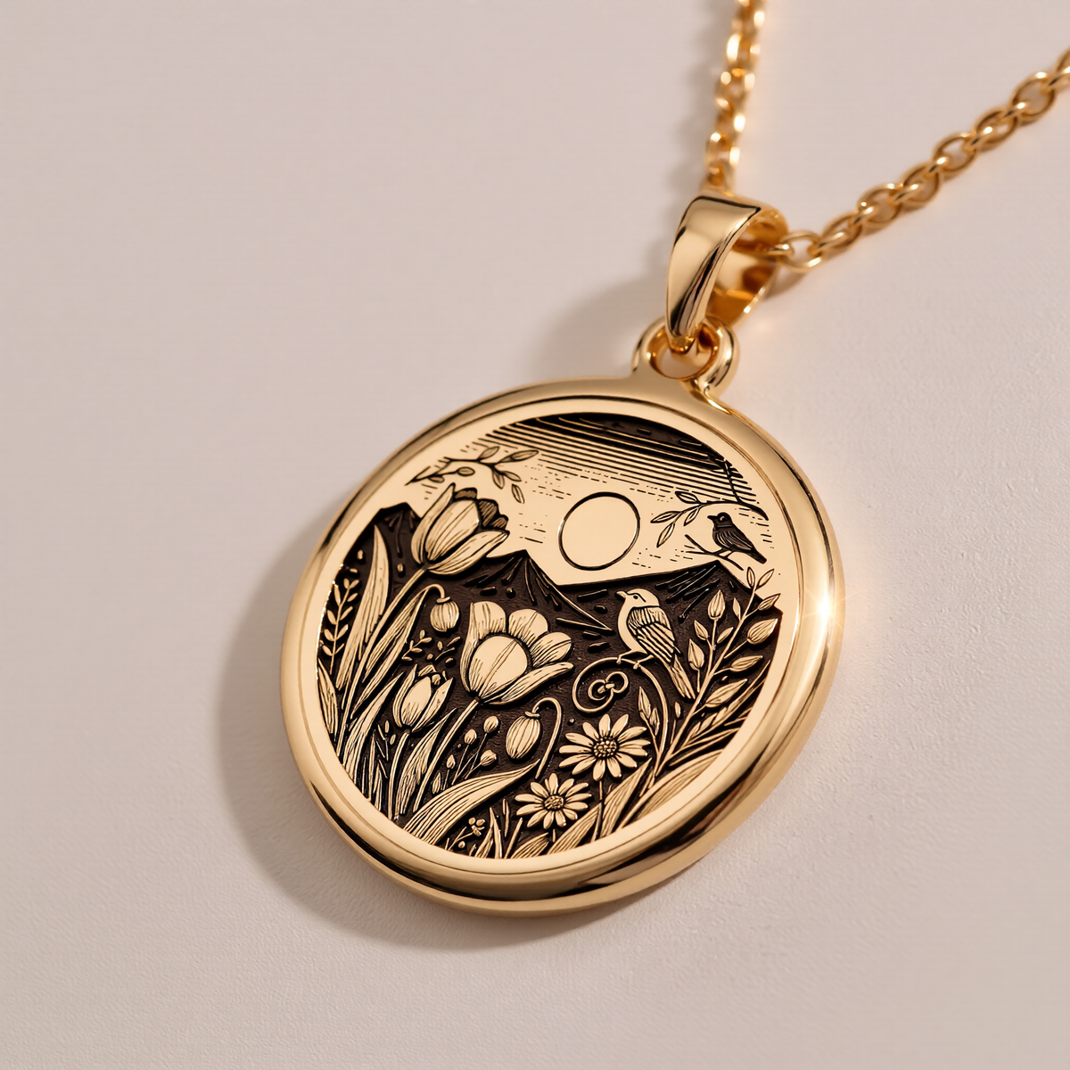 Botanical Nature Scene Medallion Pendant Pendants 14K 14K Gold Plated pendant necklace featuring a detailed floral wreath and bird design.