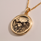 Botanical Nature Scene Medallion Pendant Pendants 14K 14K Gold Plated pendant necklace featuring a detailed floral wreath and bird design.
