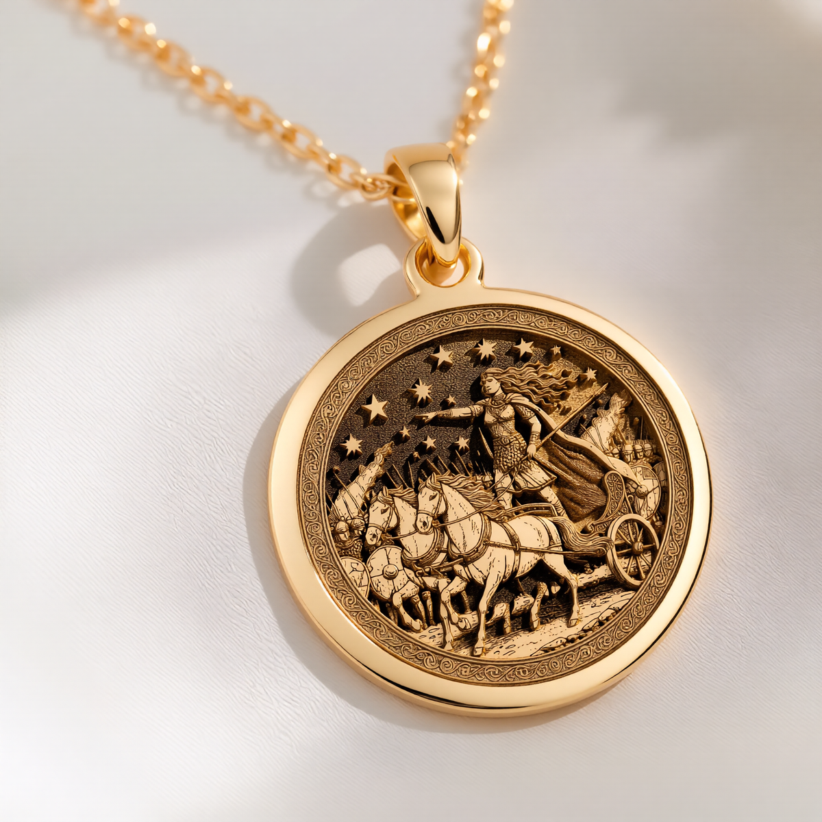 Boudica Celtic Queen Necklace Pendants 14K 14K Gold Plated pendant necklace featuring an engraved classical scene with horses and figures.