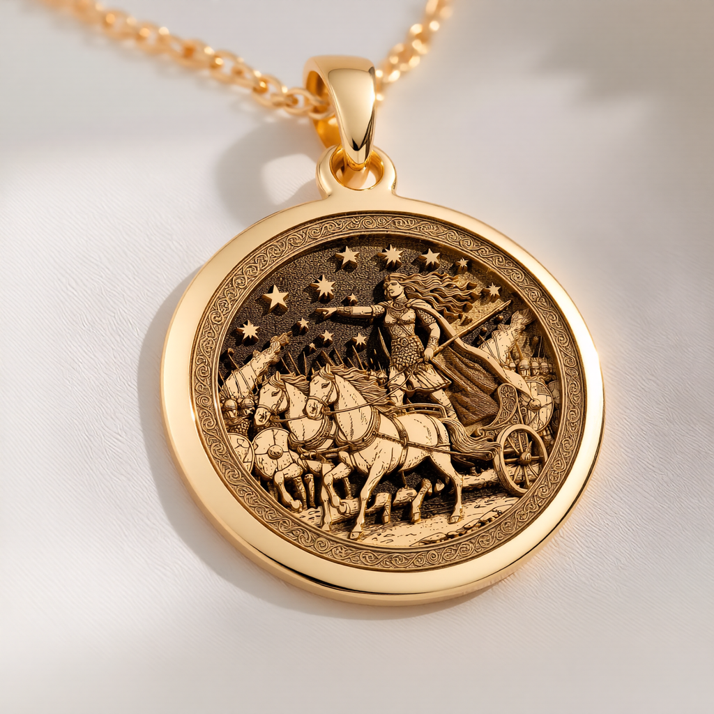 Boudica Celtic Queen Necklace Pendants 14K 14K Gold Plated pendant necklace featuring an engraved historical scene of figures on horseback.