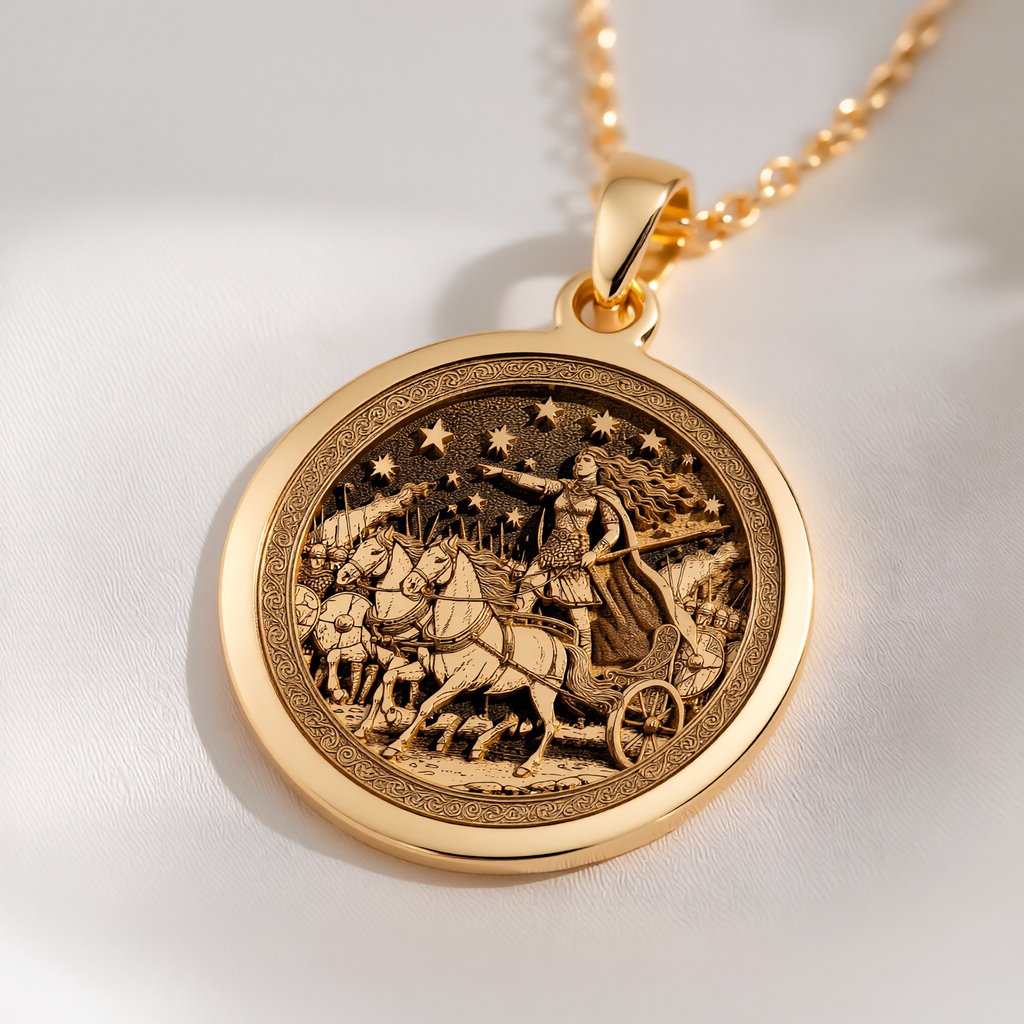 Boudica Celtic Queen Necklace Pendants 14K 14K Gold Plated round pendant featuring a detailed chariot procession design necklace.