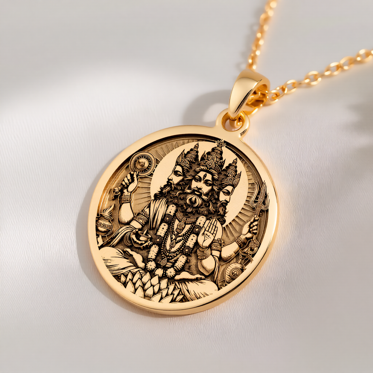 Brahma Creator God Pendant Pendants 14K 14K Gold Plated pendant necklace featuring an intricate Hindu deity portrait design.