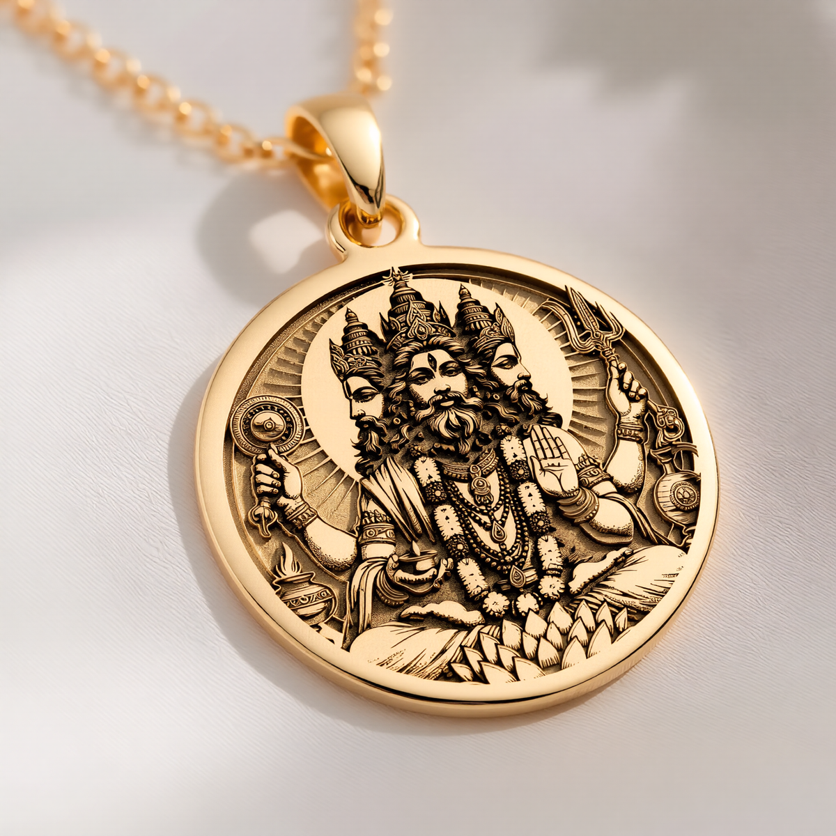 Brahma Creator God Pendant Pendants 14K 14K Gold Plated pendant necklace featuring a crowned bearded deity design on a round disc.