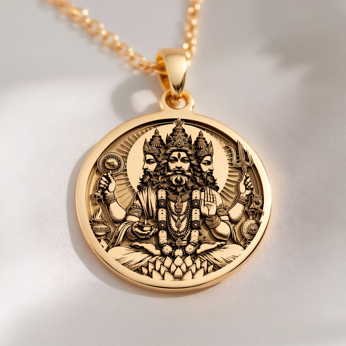 Brahma Creator God Pendant Pendants 14K 14K Gold Plated pendant necklace featuring an intricate Hindu deity portrait with multiple arms.