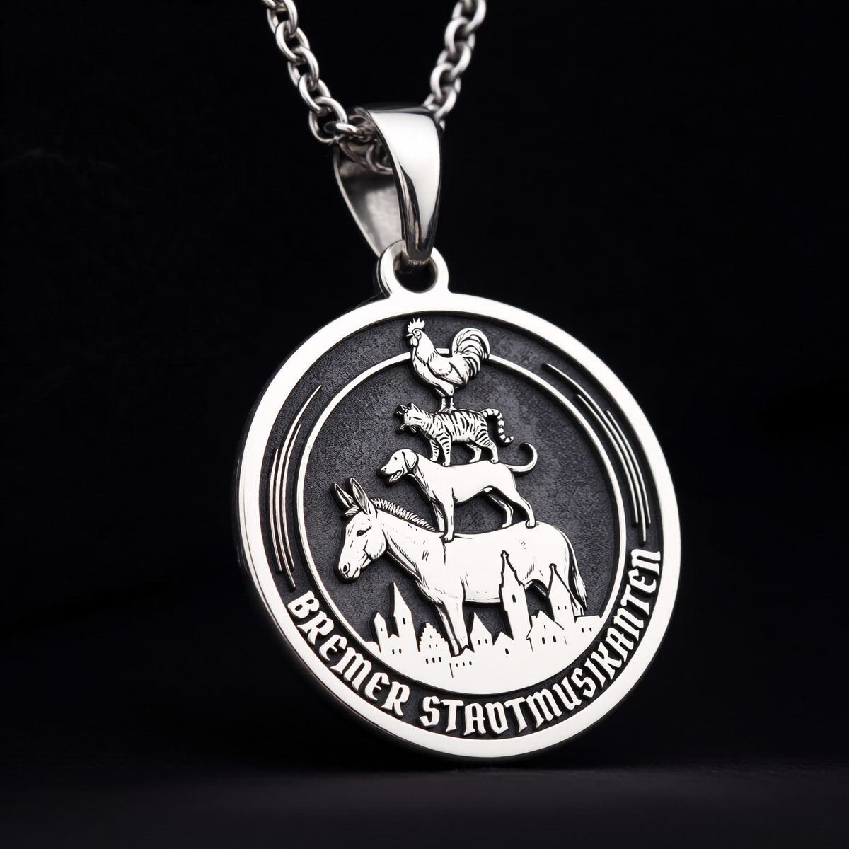 Bremen Musicians Necklace: Silver Grimm Fairy Tale Pendant