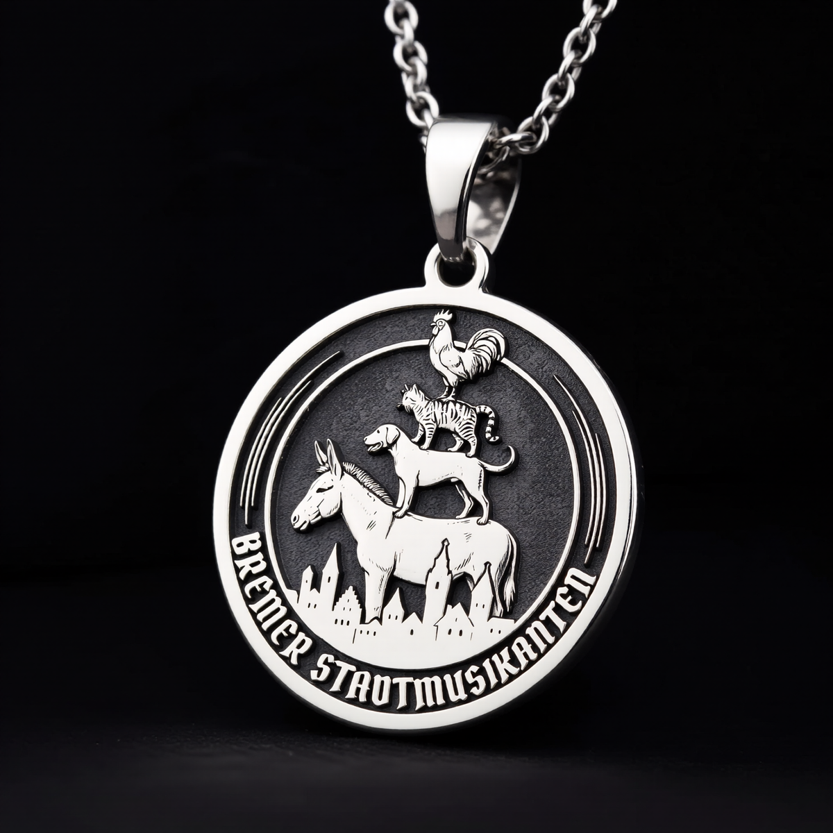 Bremen Musicians Necklace: Silver Grimm Fairy Tale Pendant