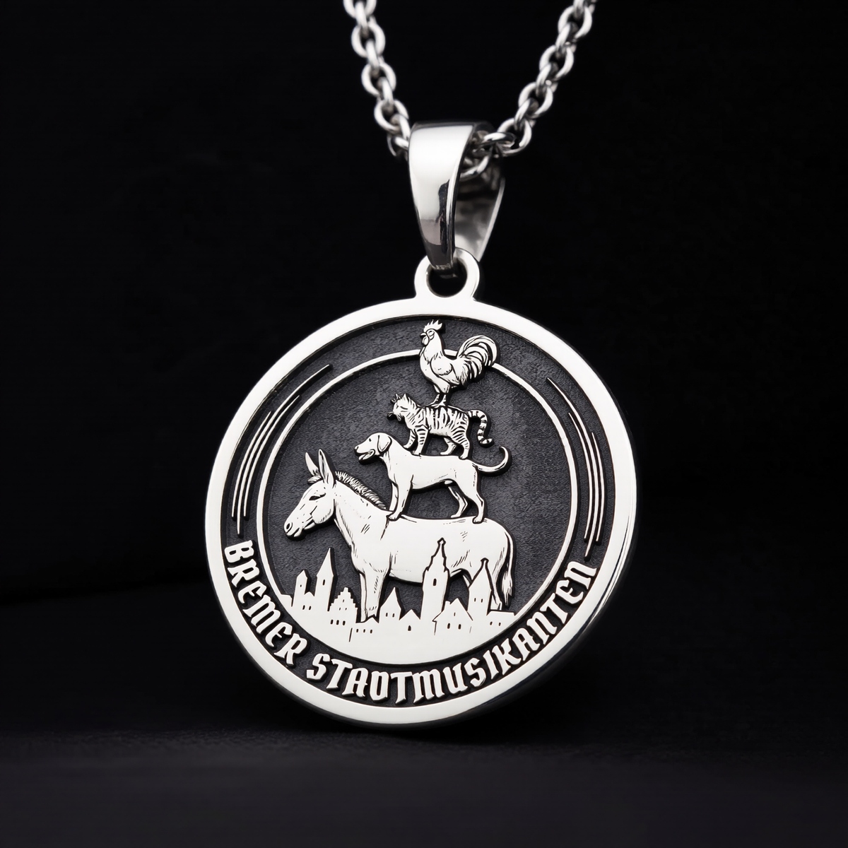 Bremen Musicians Necklace: Silver Grimm Fairy Tale Pendant