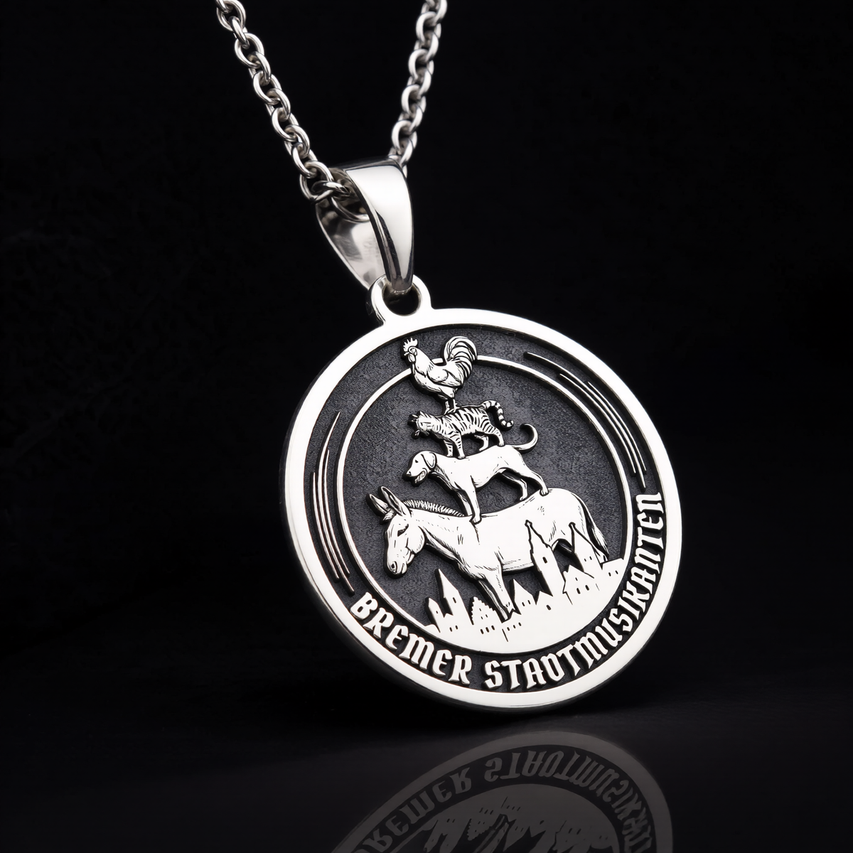 Bremen Musicians Necklace: Silver Grimm Fairy Tale Pendant