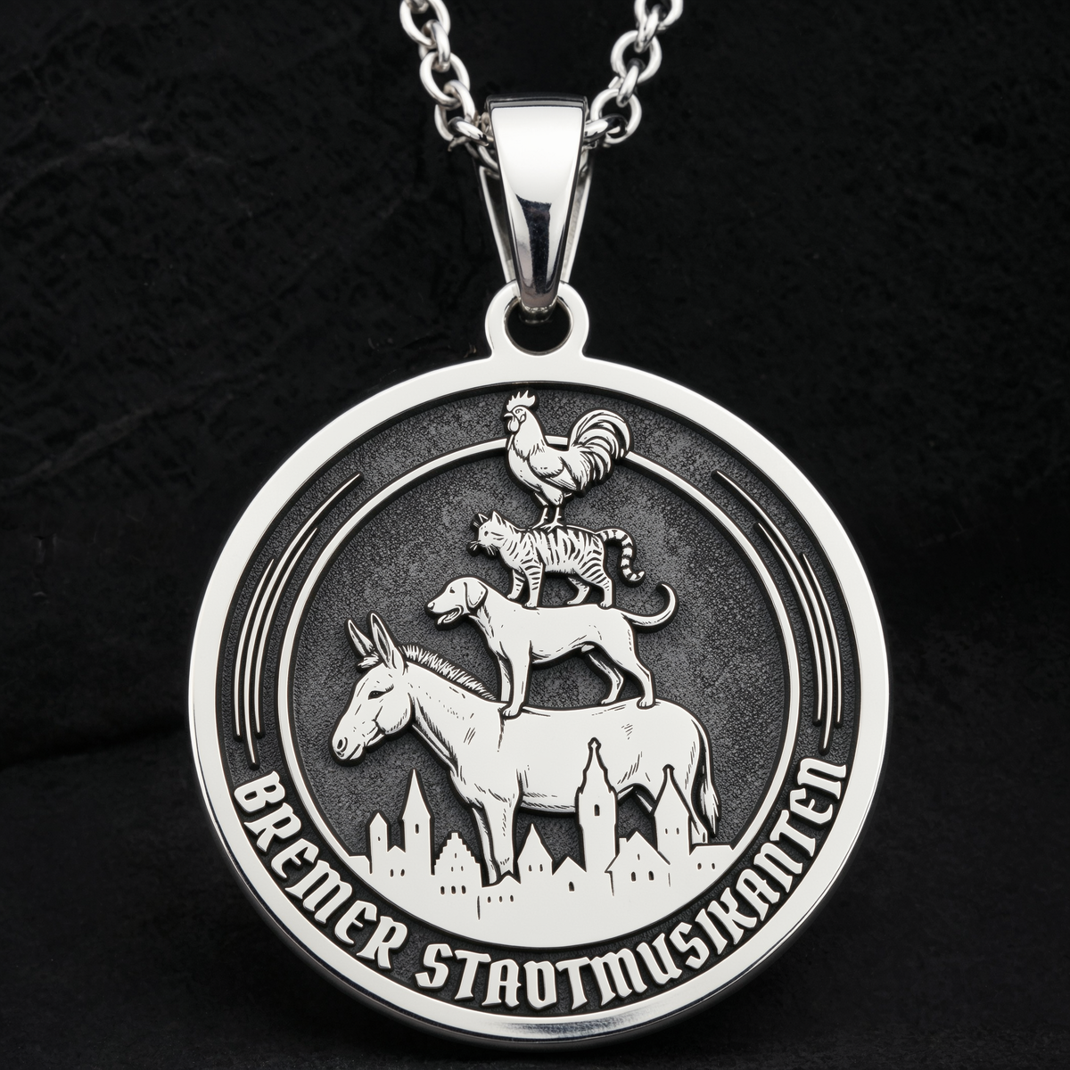 Bremen Musicians Necklace: Silver Grimm Fairy Tale Pendant