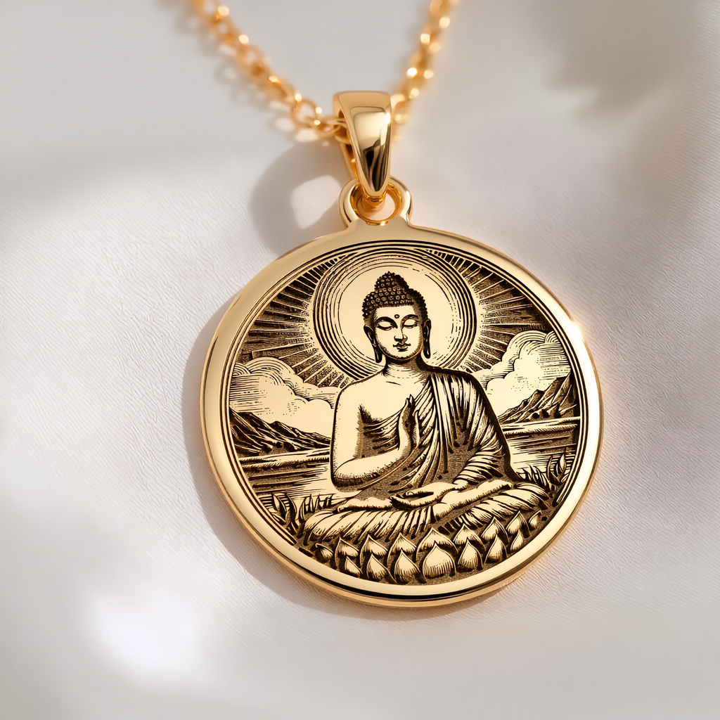 Buddha Medallion Necklace Pendants 14K 14K Gold Plated pendant of a meditating Buddha in a circular frame necklace