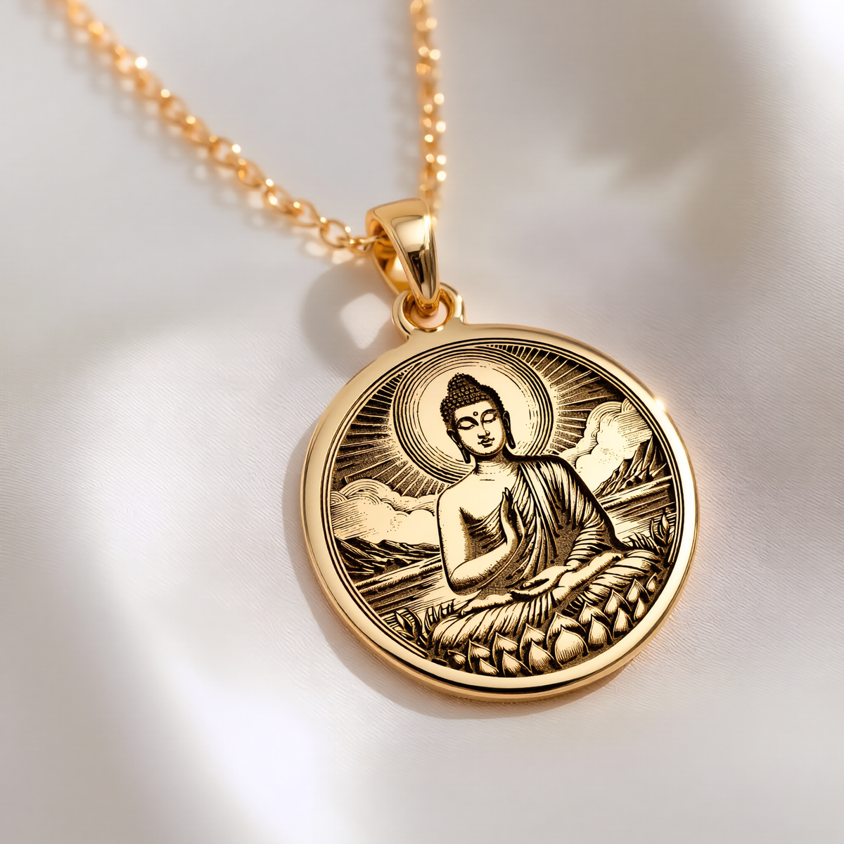 Buddha Medallion Necklace Pendants 14K 14K Gold Plated pendant of Buddha meditating in a halo on a chain necklace