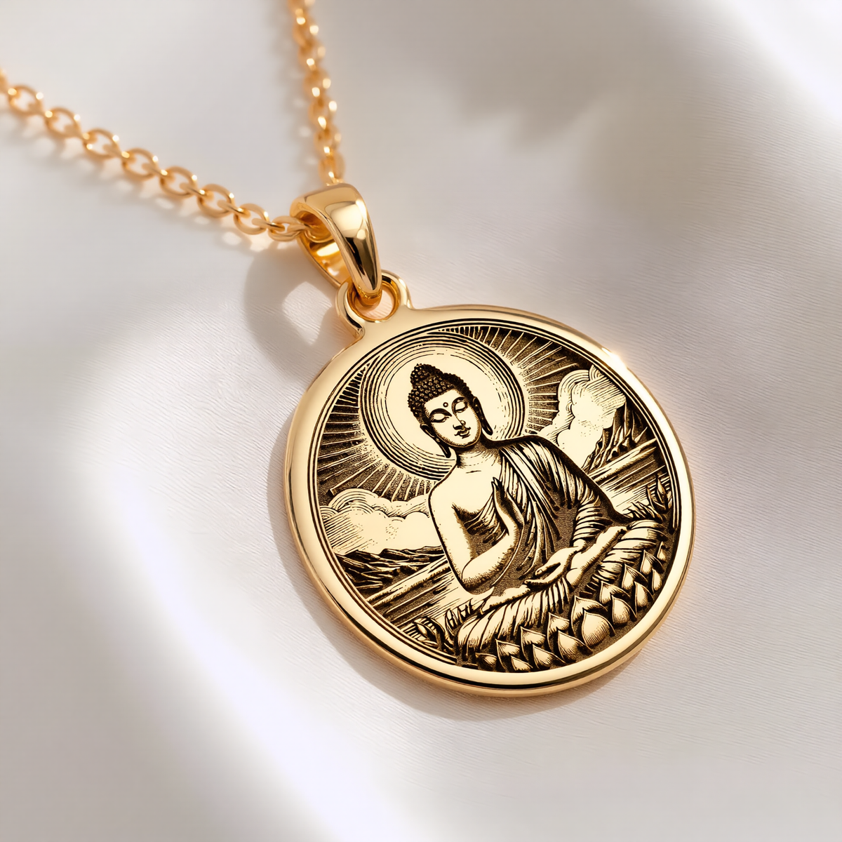 Buddha Medallion Necklace Pendants 14K 14K Gold Plated pendant necklace featuring a seated spiritual figure design with clouds and waves.