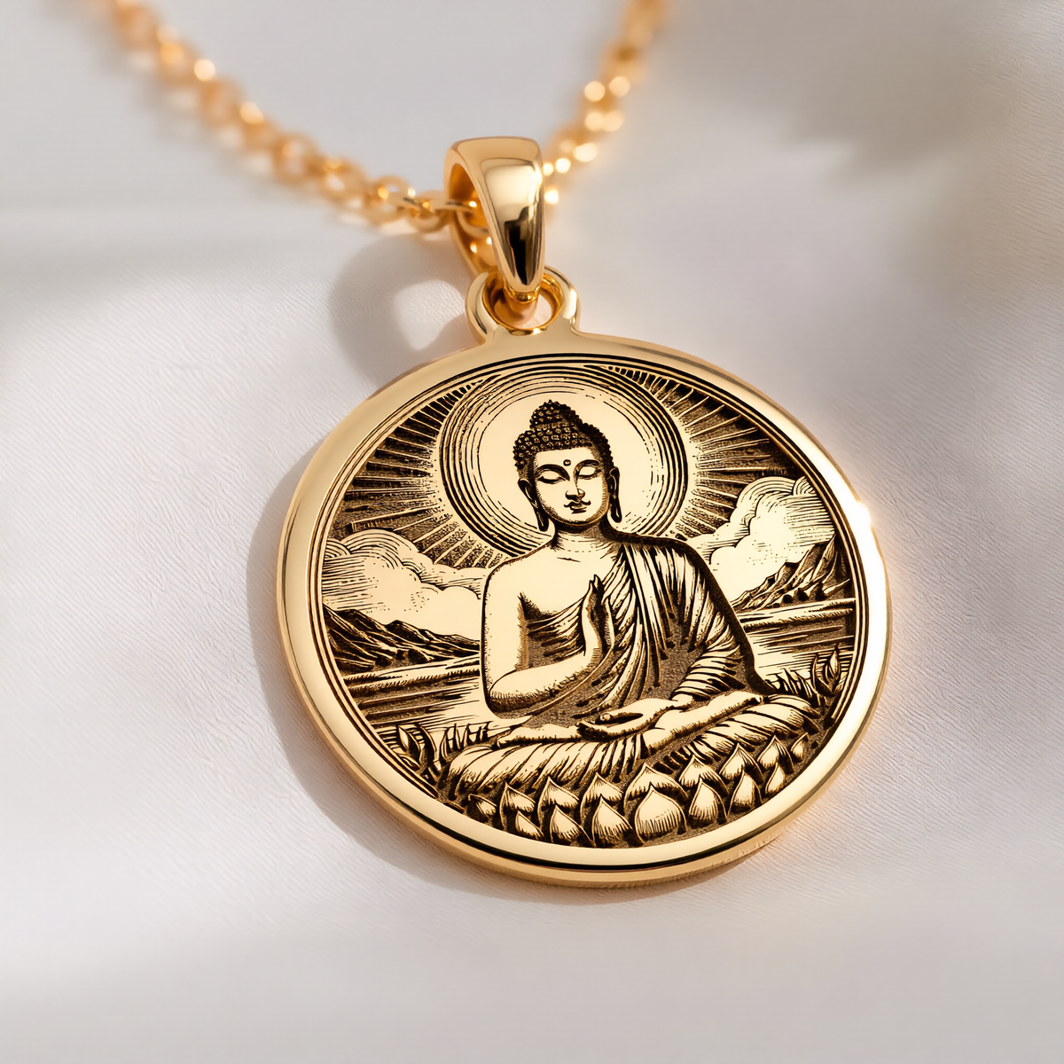 Buddha Medallion Necklace Pendants 14K 14K Gold Plated pendant of Buddha meditating in a halo on a gold chain necklace