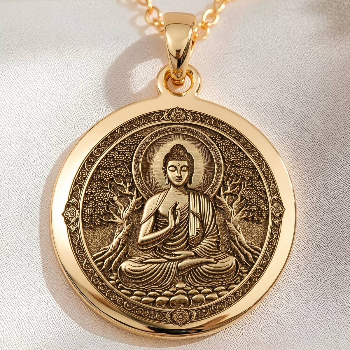 Meditating Buddha Mindfulness Pendant Necklaces 14K 14K Gold Plated pendant of a seated Buddha in a circular mandala design necklace
