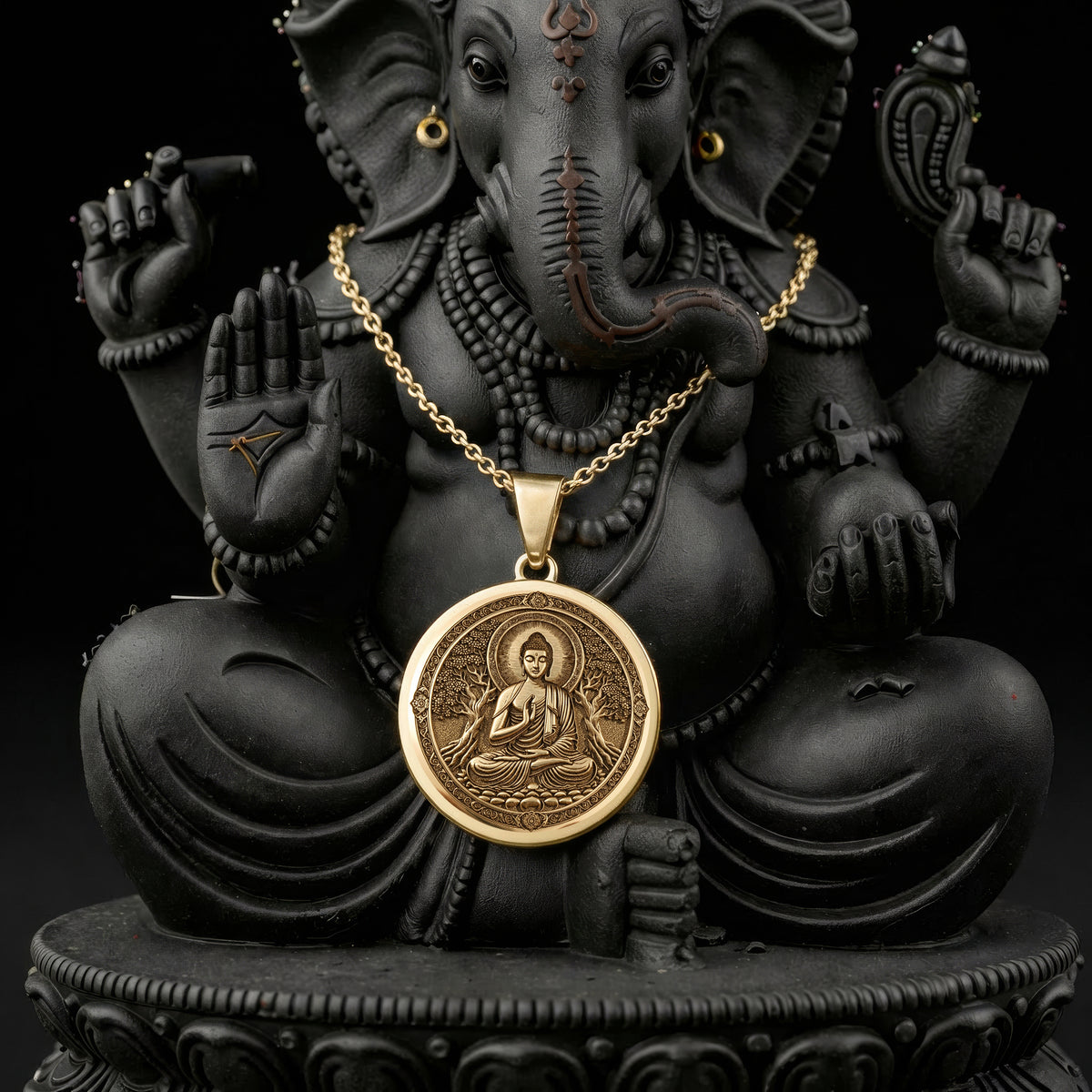 Meditating Buddha Mindfulness Pendant Necklaces 14K 14K Gold Plated round pendant with seated spiritual figure design necklace