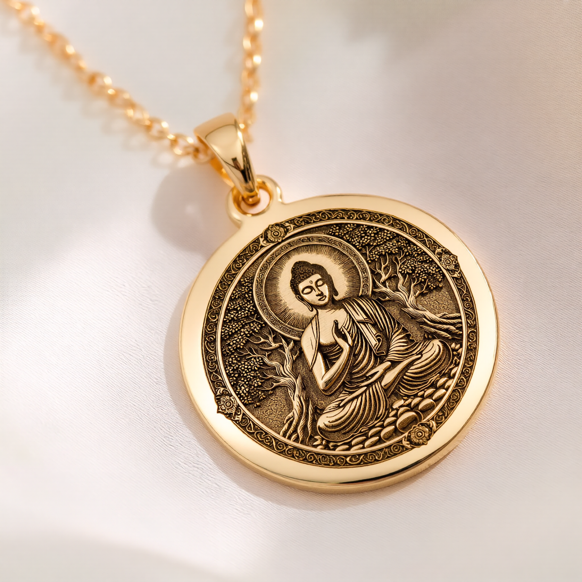 Meditating Buddha Mindfulness Pendant Necklaces 14K 14K Gold Plated pendant necklace featuring a seated spiritual figure design on a round disc.
