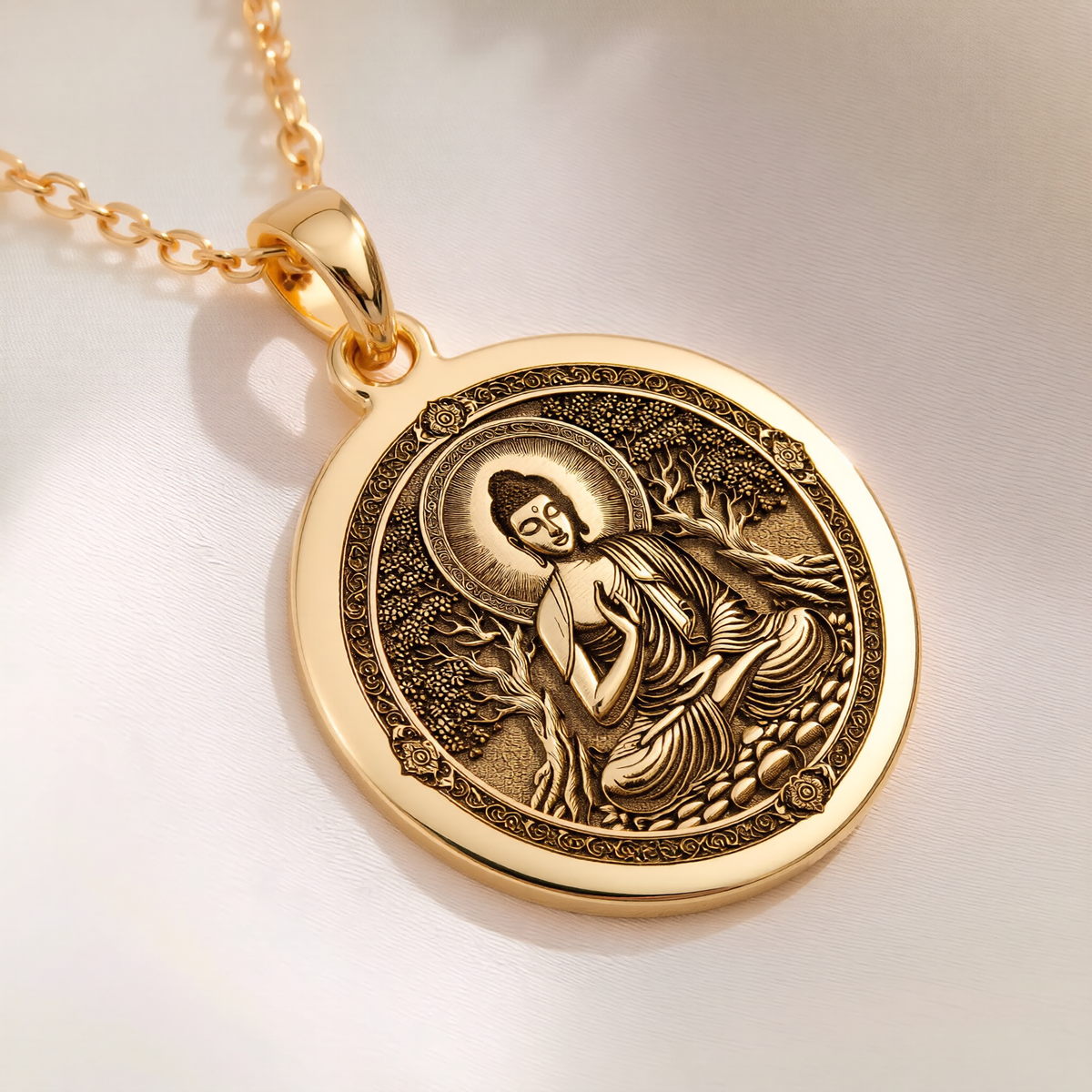 Meditating Buddha Mindfulness Pendant Necklaces 14K 14K Gold Plated pendant necklace featuring a seated spiritual figure design on a round disc.