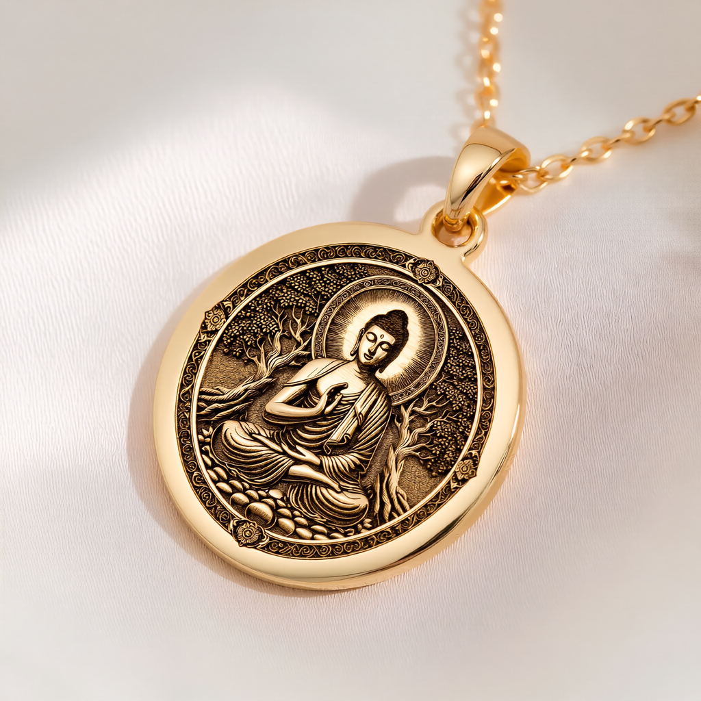 Meditating Buddha Mindfulness Pendant Necklaces 14K 14K Gold Plated pendant necklace featuring a seated Buddha design in a circular frame.
