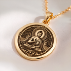 Meditating Buddha Mindfulness Pendant Necklaces 14K 14K Gold Plated pendant necklace featuring a seated meditating Buddha design with intricate mandala details.