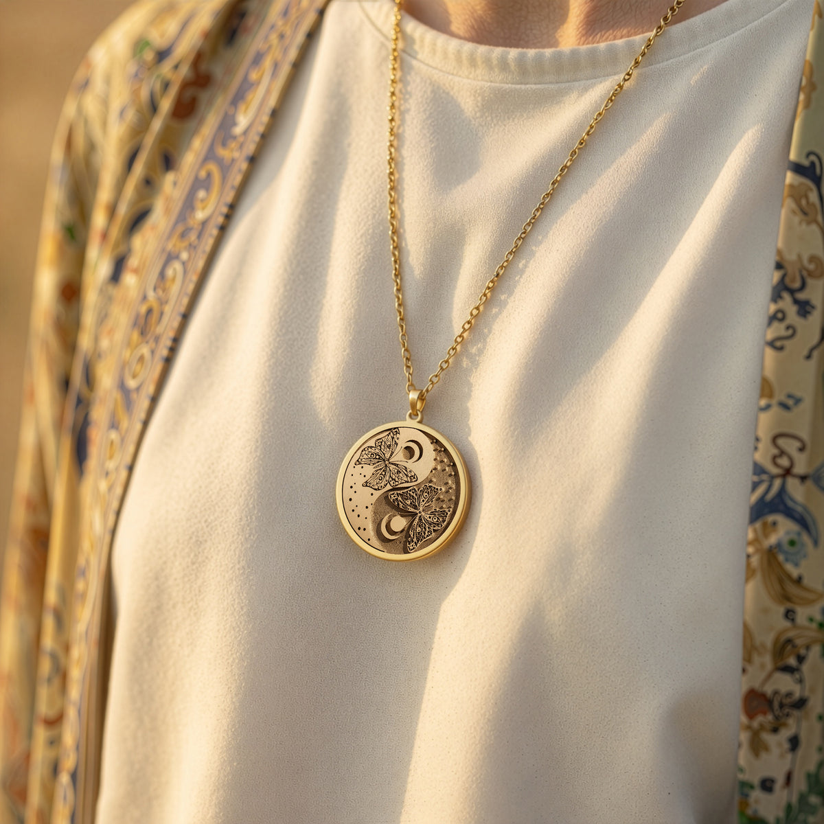 Butterfly Yin Yang Celestial Pendant Pendants 14K 14K Gold Plated pendant necklace featuring a circular stylized animal design.