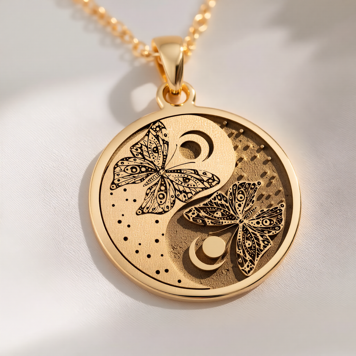 Butterfly Yin Yang Celestial Pendant Pendants 14K 14K Gold Plated pendant necklace featuring intertwined butterfly and crescent moon design.