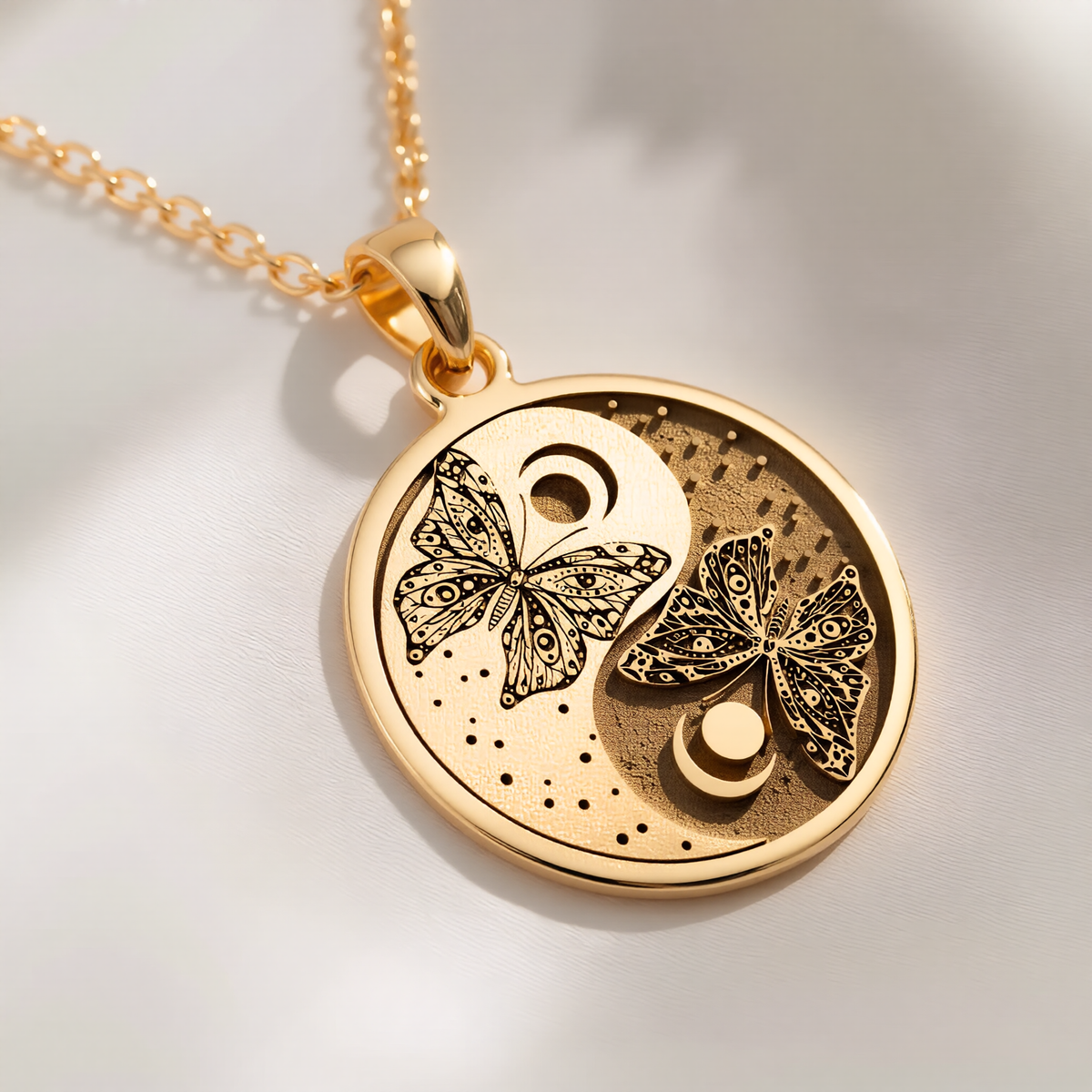Butterfly Yin Yang Celestial Pendant Pendants 14K 14K Gold Plated plated butterfly pendant necklace with circular design and intricate butterfly motif