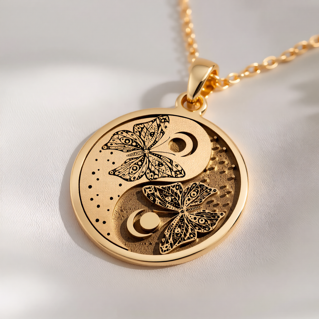 Butterfly Yin Yang Celestial Pendant Pendants 14K 14K Gold Plated butterfly pendant necklace with circular design and intricate filigree details
