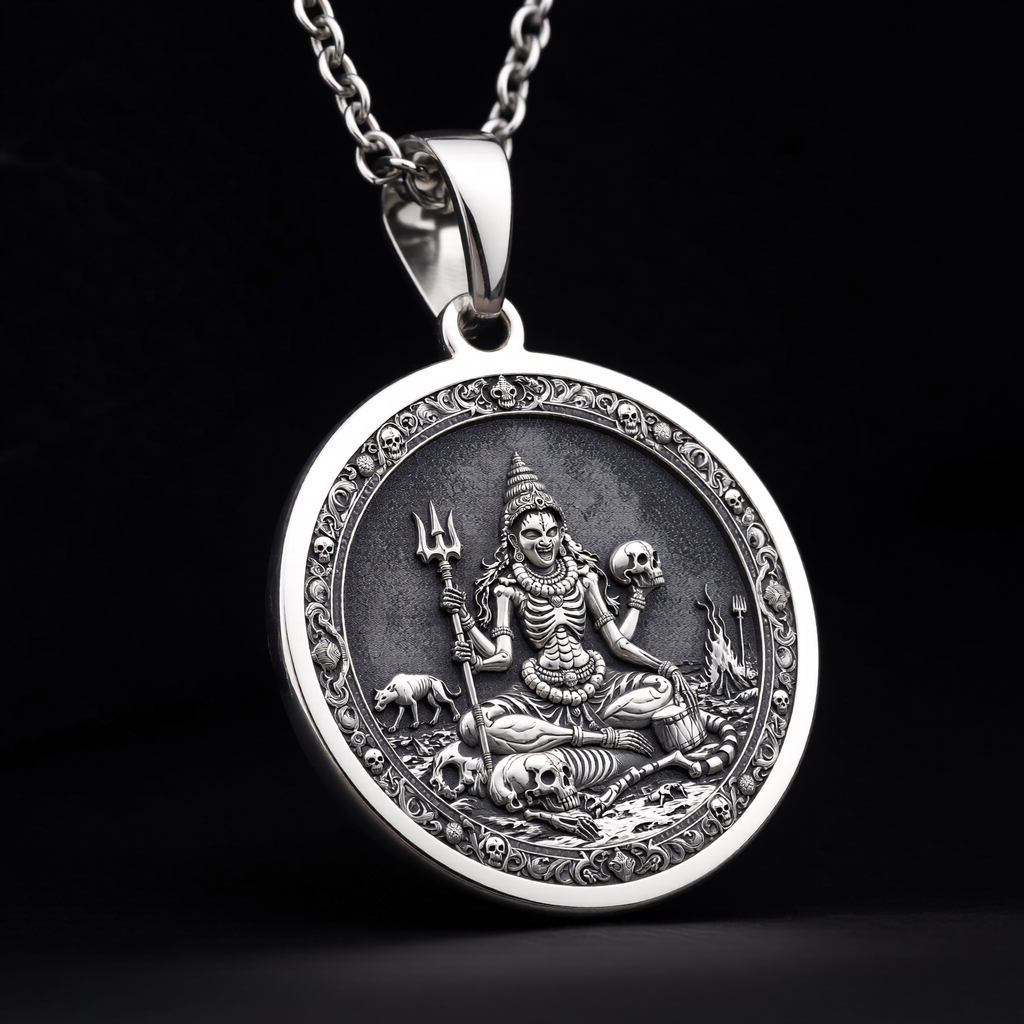 925 sterling silver Chamunda Kali Goddess pendant, detailed view 8.