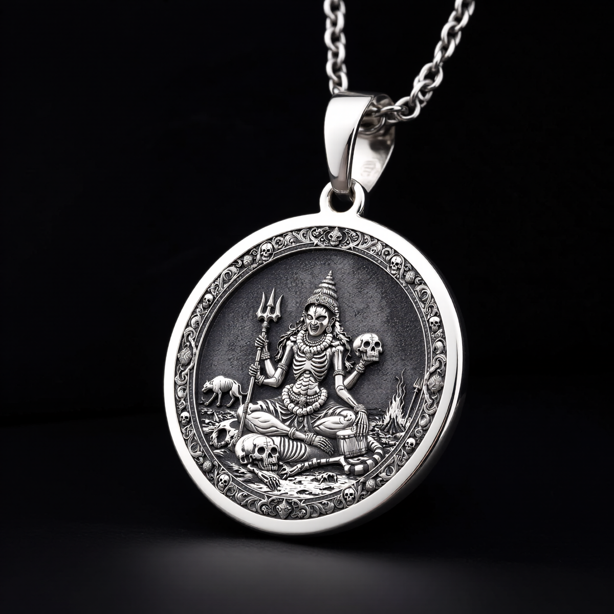 925 sterling silver Chamunda Kali Goddess pendant, detailed view 9.