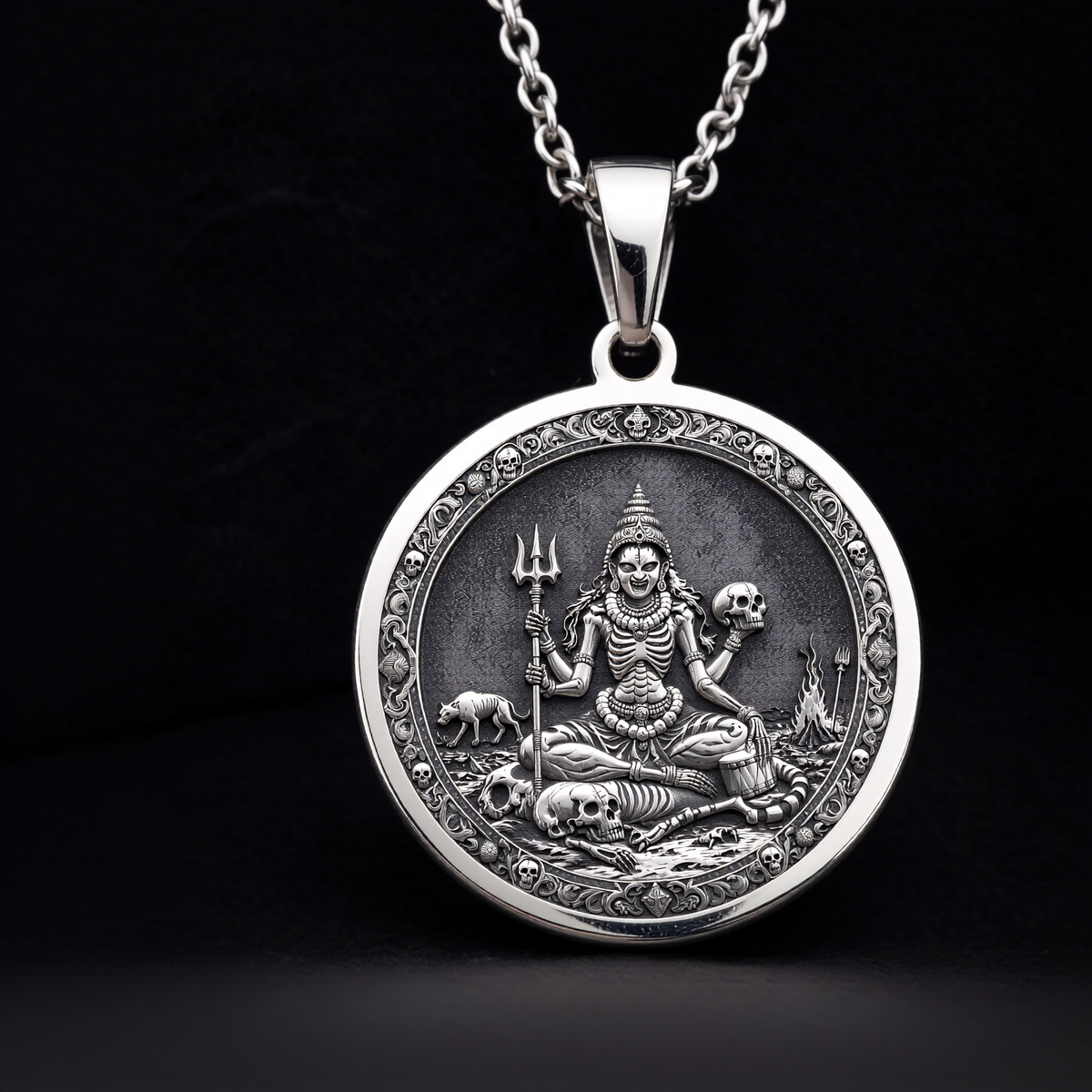 925 sterling silver Chamunda Kali Goddess pendant, detailed view 7.