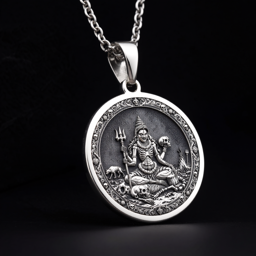 925 sterling silver Chamunda Kali Goddess pendant, detailed view 10.