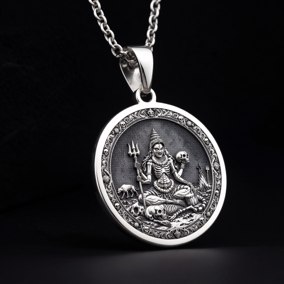 925 sterling silver Chamunda Kali Goddess pendant, detailed view 10.