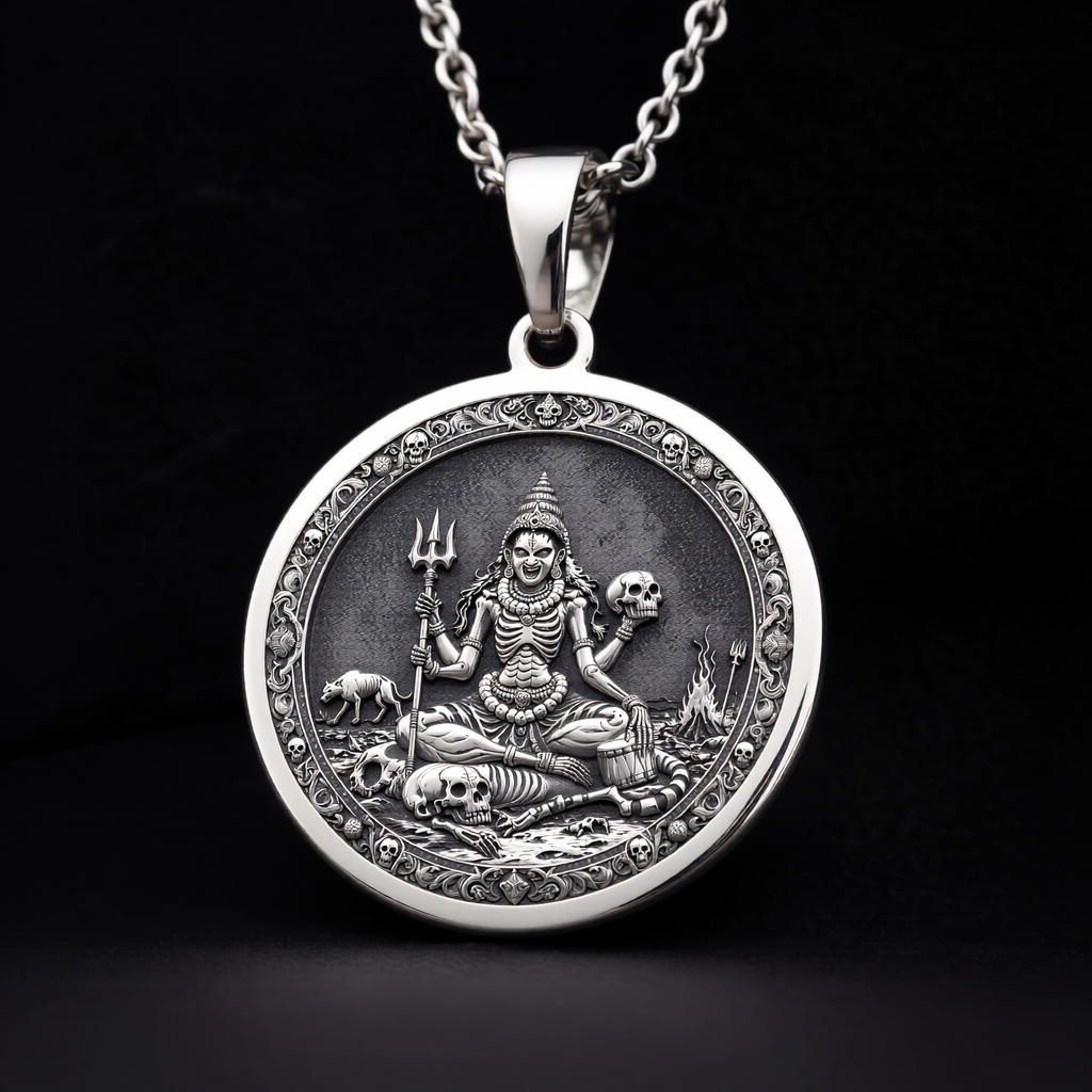 925 sterling silver Chamunda Kali Goddess pendant, detailed view 11.