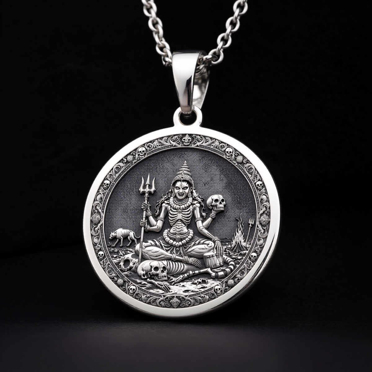 925 sterling silver Chamunda Kali Goddess pendant, detailed view 11.