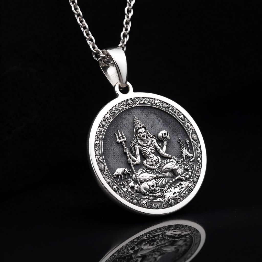 925 sterling silver Chamunda Kali Goddess pendant, detailed view 12.