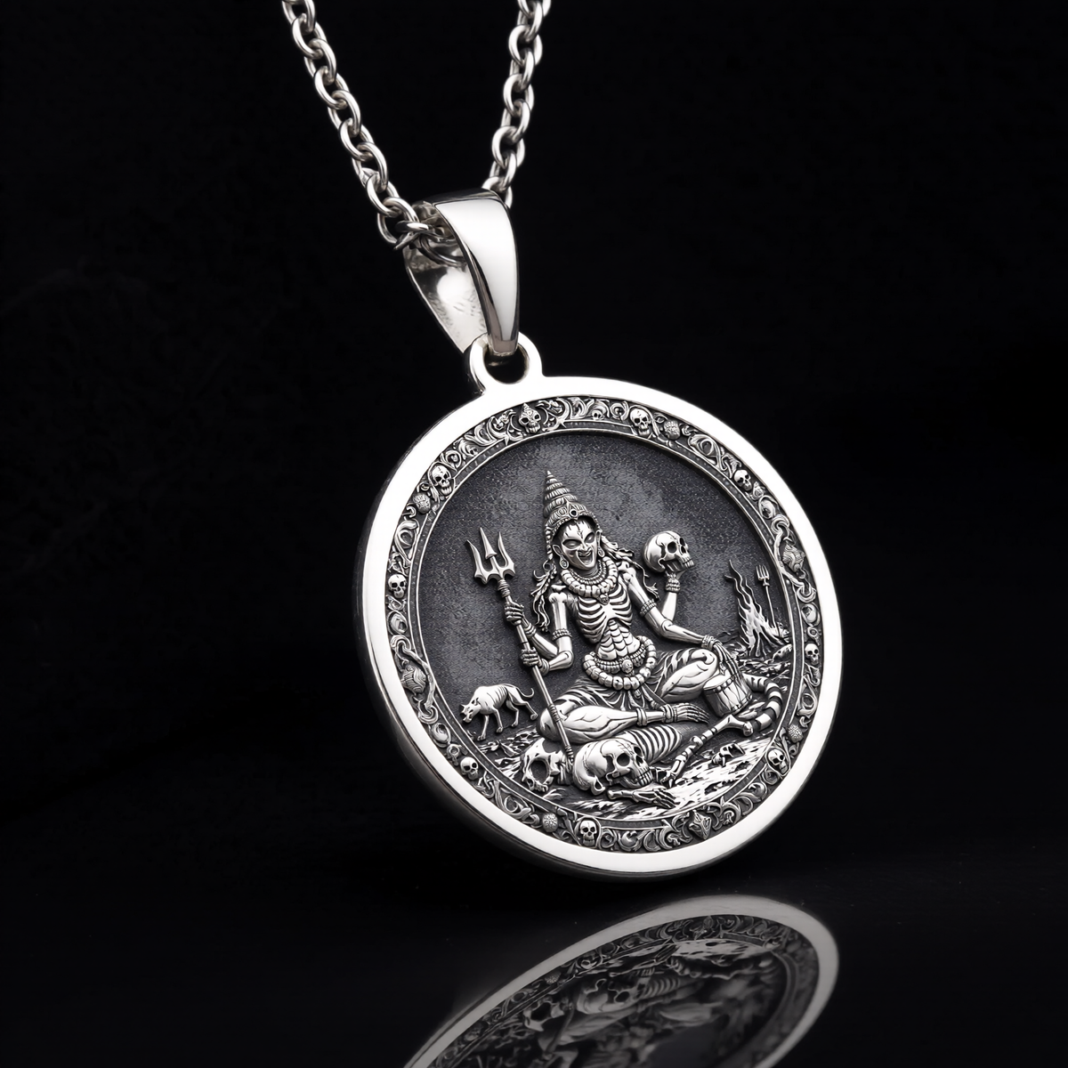 925 sterling silver Chamunda Kali Goddess pendant, detailed view 12.