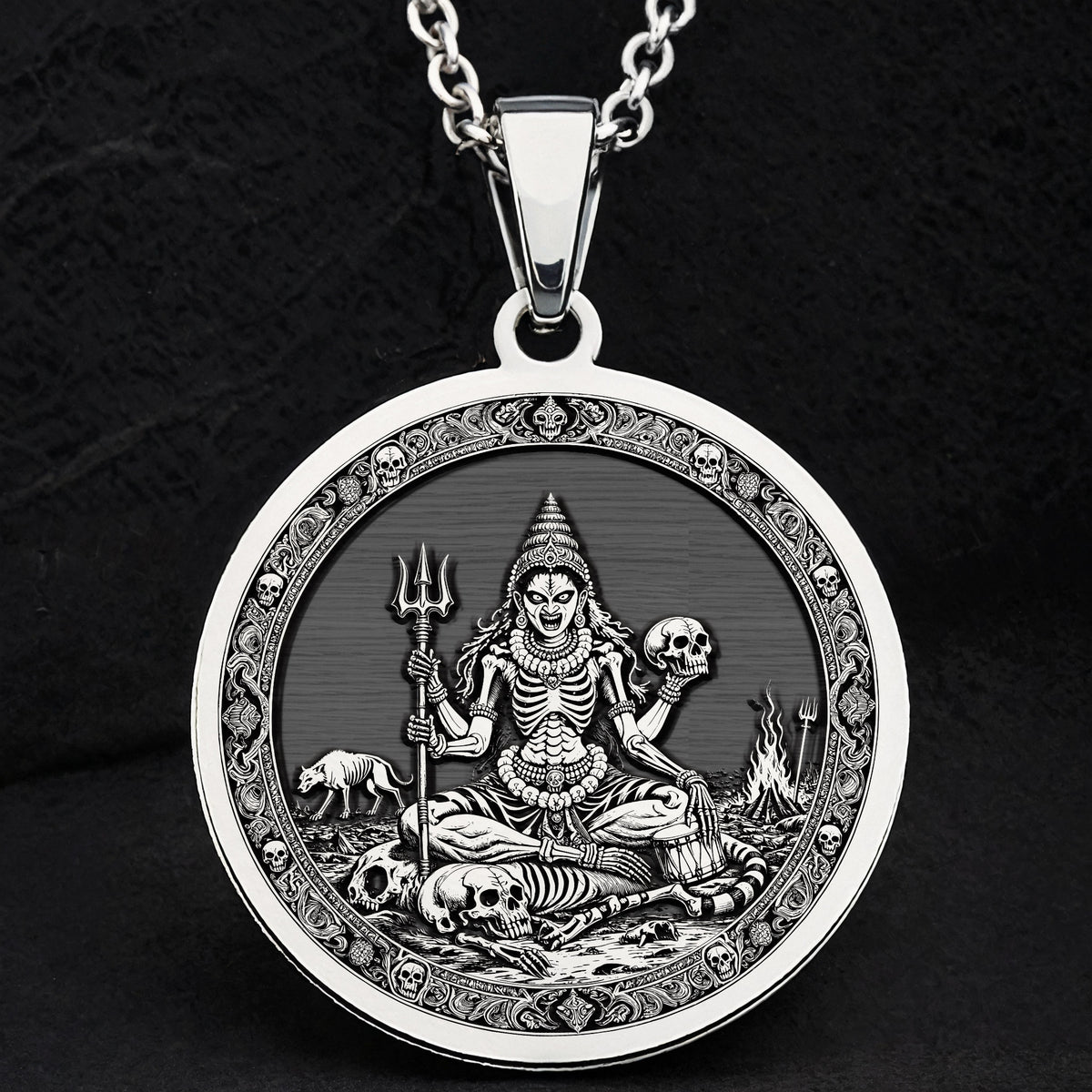925 sterling silver Chamunda Kali Goddess pendant, detailed view 13.