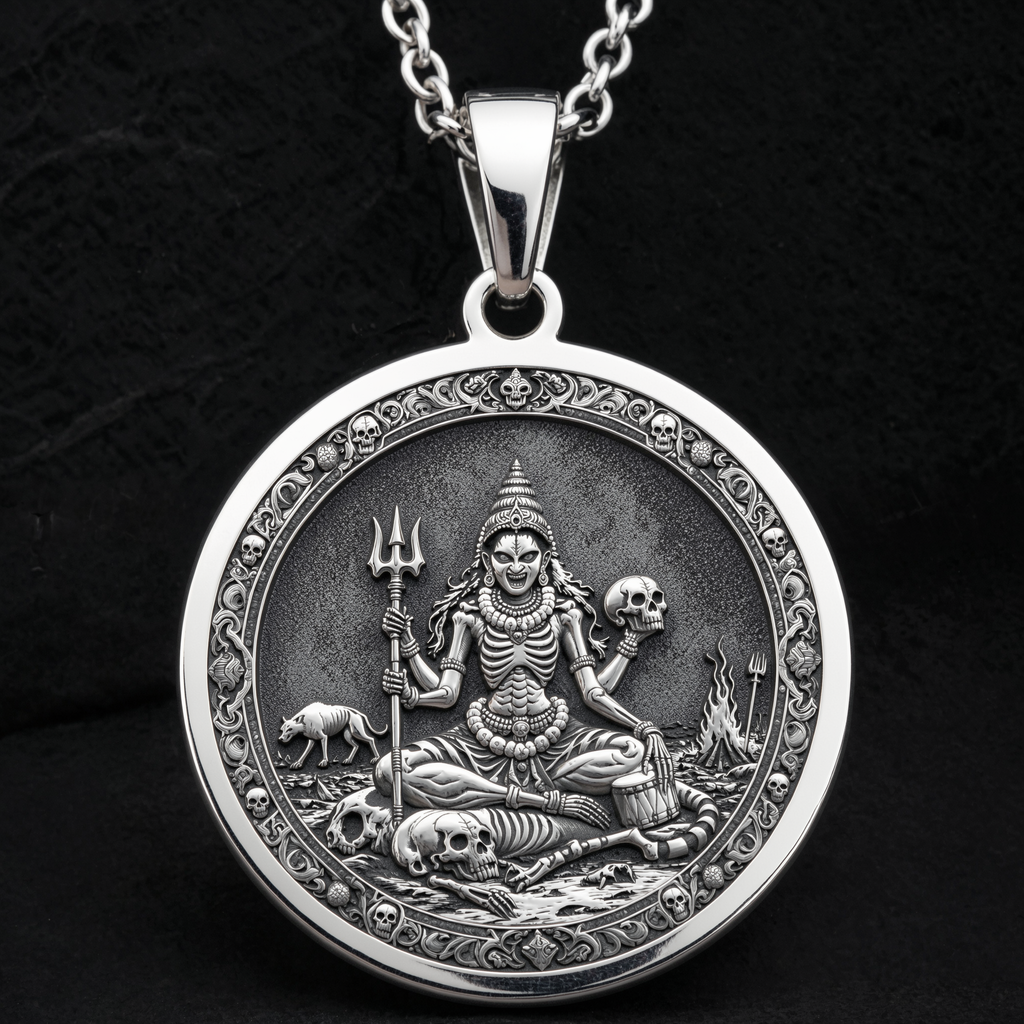 925 sterling silver Chamunda Kali Goddess pendant, detailed view 6.