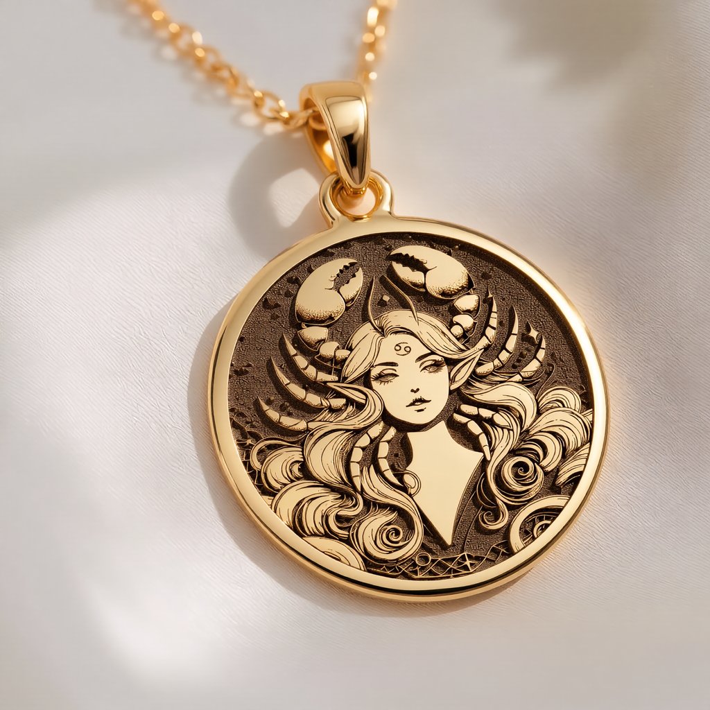 Cancer Zodiac Astrological Sign Pendant Pendants 14K 14K Gold Plated pendant necklace featuring a detailed woman's portrait design.