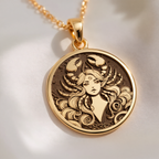 Cancer Zodiac Astrological Sign Pendant Pendants 14K 14K Gold Plated pendant necklace featuring a detailed woman's portrait design.