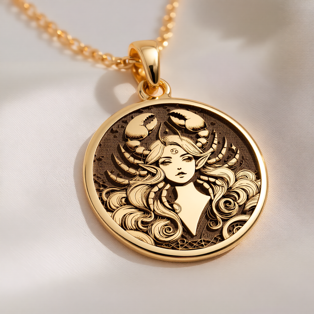 Cancer Zodiac Astrological Sign Pendant Pendants 14K 14K Gold Plated pendant necklace featuring an ornate stylized female face design.