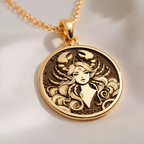Cancer Zodiac Astrological Sign Pendant Pendants 14K 14K Gold Plated pendant necklace featuring an ornate stylized female face design.