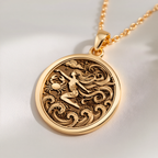 Krishna Amulet Spiritual Pendant Necklaces 14K 14K Gold Plated pendant necklace featuring a stylized female figure design with swirling classical patterns.