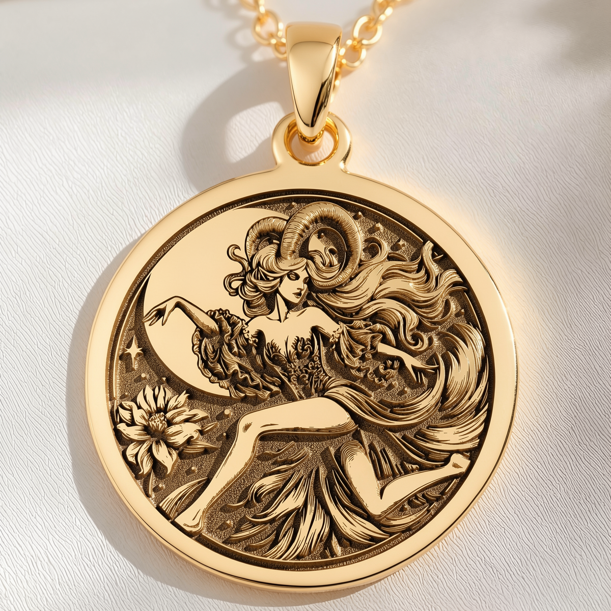 Capricorn Goat Zodiac Pendant Pendants 14K 14K Gold Plated pendant necklace featuring a classical female figure design on a round disc.