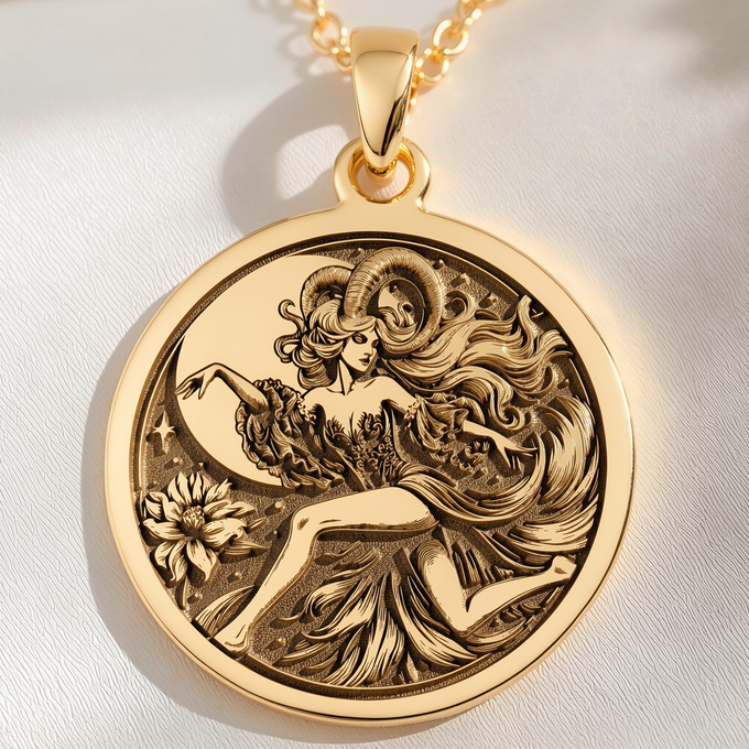 Capricorn Goat Zodiac Pendant Pendants 14K 14K Gold Plated pendant necklace featuring a classical female figure design on a round disc.