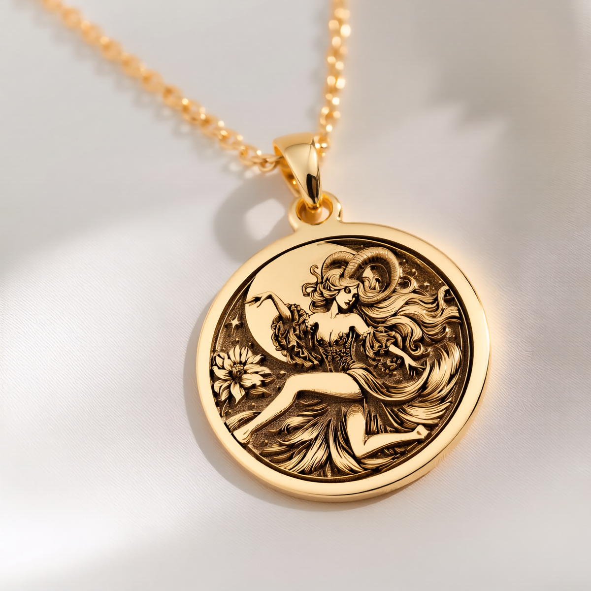 Capricorn Goat Zodiac Pendant Pendants 14K 14K Gold Plated pendant necklace featuring a reclining classical female figure design.