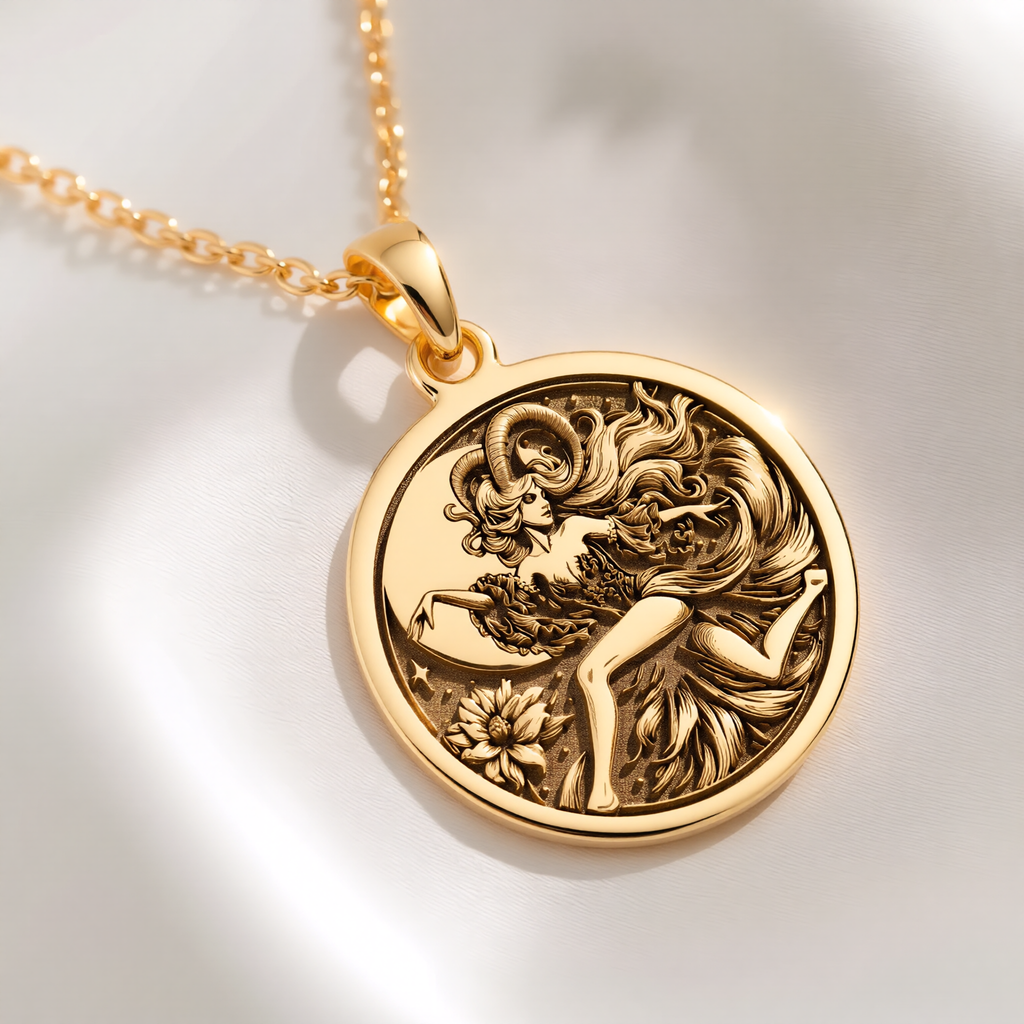 Capricorn Goat Zodiac Pendant Pendants 14K 14K Gold Plated lion figure pendant necklace with ornate detail and circular shape